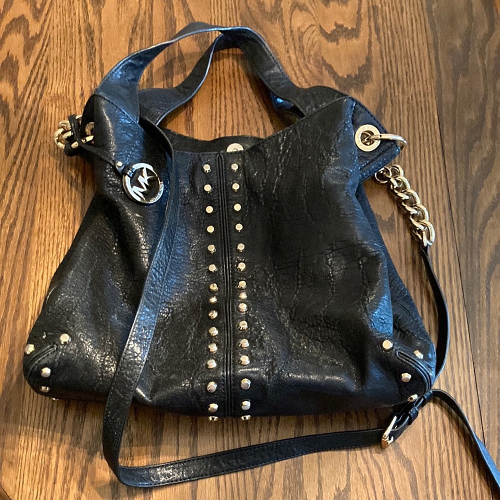 Michael Kors Uptown Astro Gold Studded Black Leather Purse